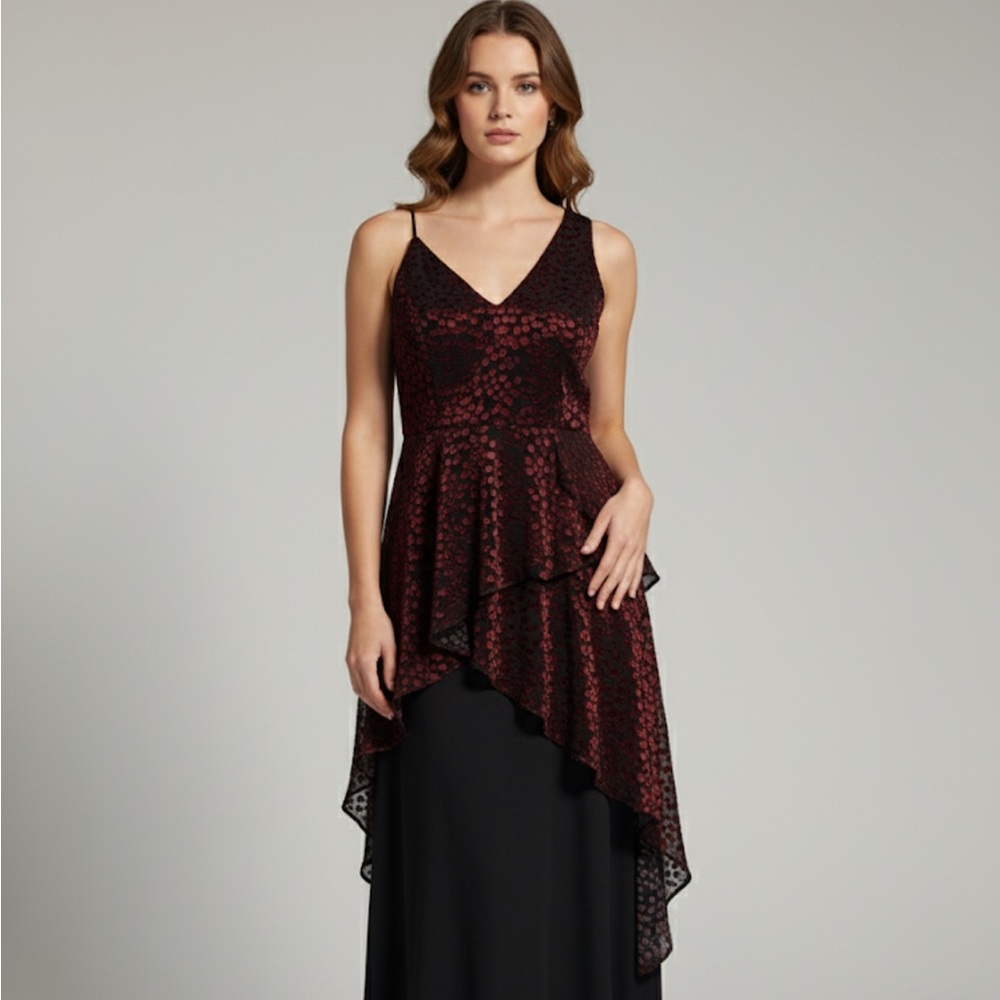 Wayf Black and Red Velvet V-neckline Asymmetrical Top Women's Size Large